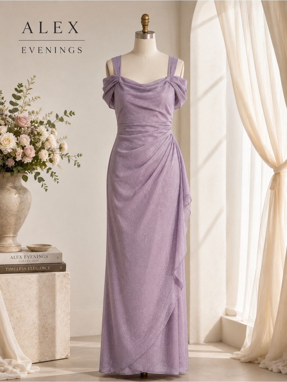 Alex Evenings 133026 Mauve Glitter Cold Shoulder Formal Gown Dress Size 16 NWT